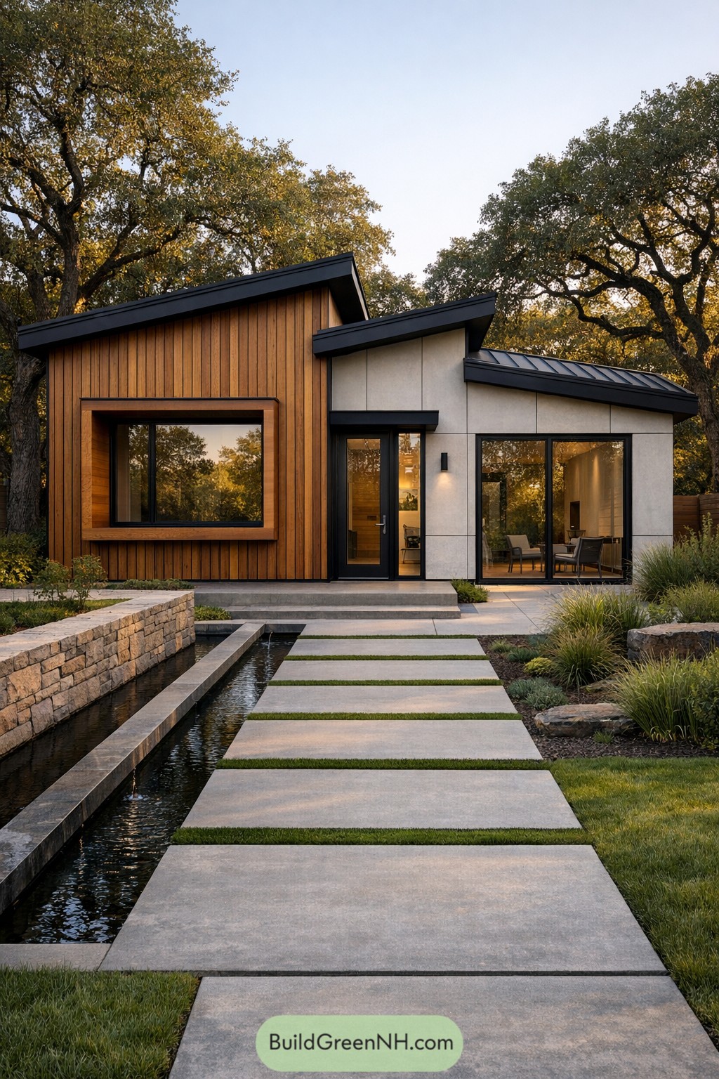 Modern small house with wood and light concrete facade, large windows, and a stepping stone path over a narrow reflecting pool