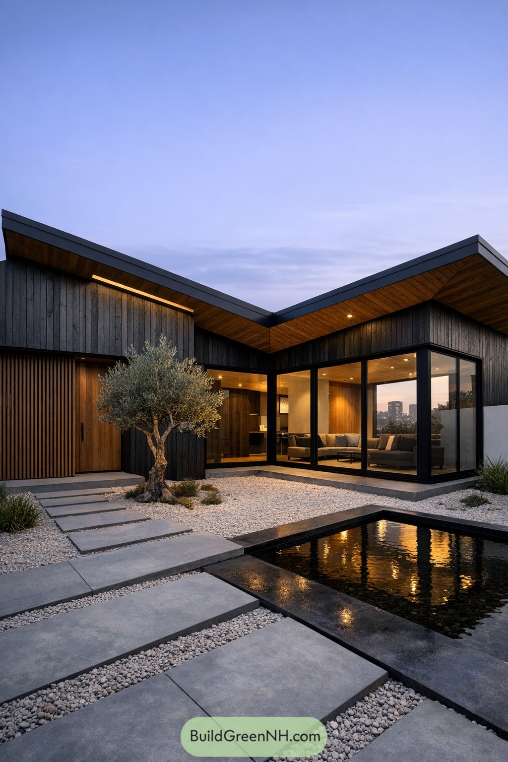 Modern wood house with dark siding large glass walls and a shallow reflecting pool in a gravel courtyard