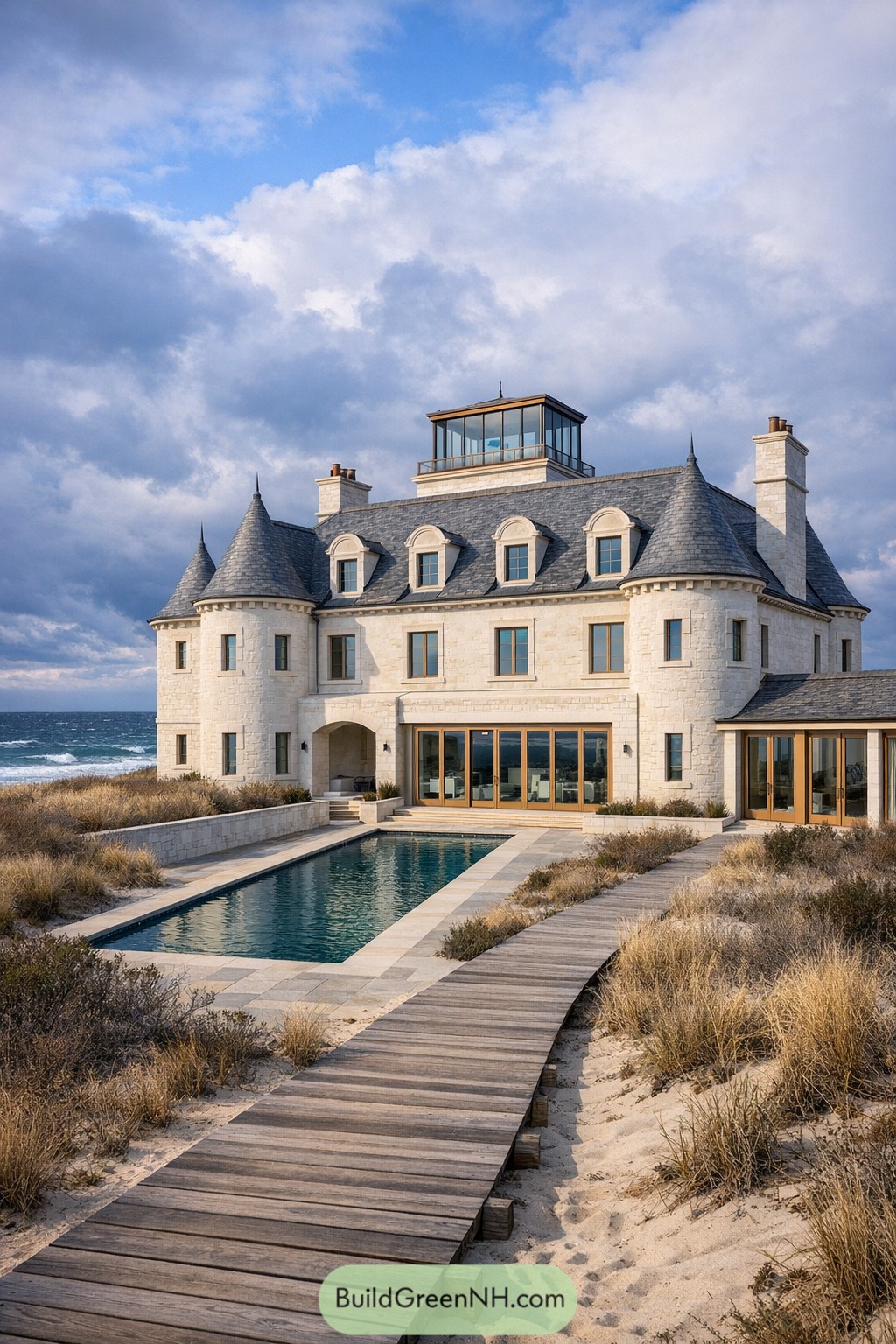 Stone chateau facing ocean with pool and boardwalk