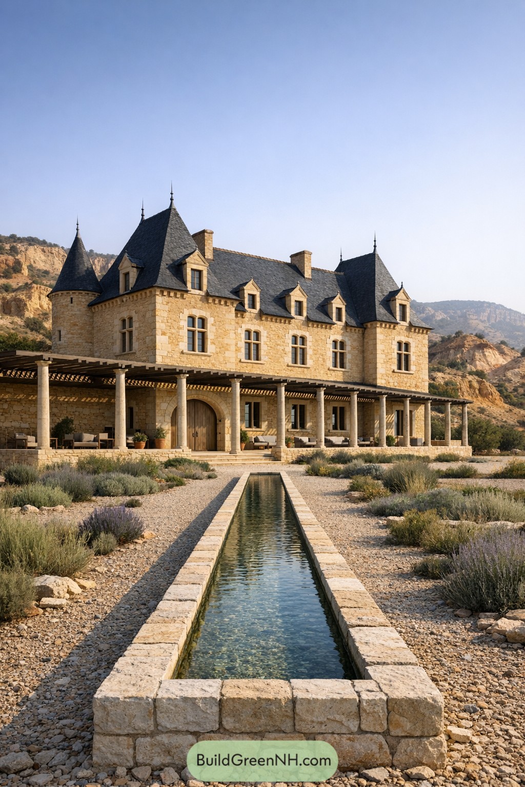 Stone French-style chateau with tall slate roofs and a narrow reflecting pool in a rocky, drought-tolerant landscape