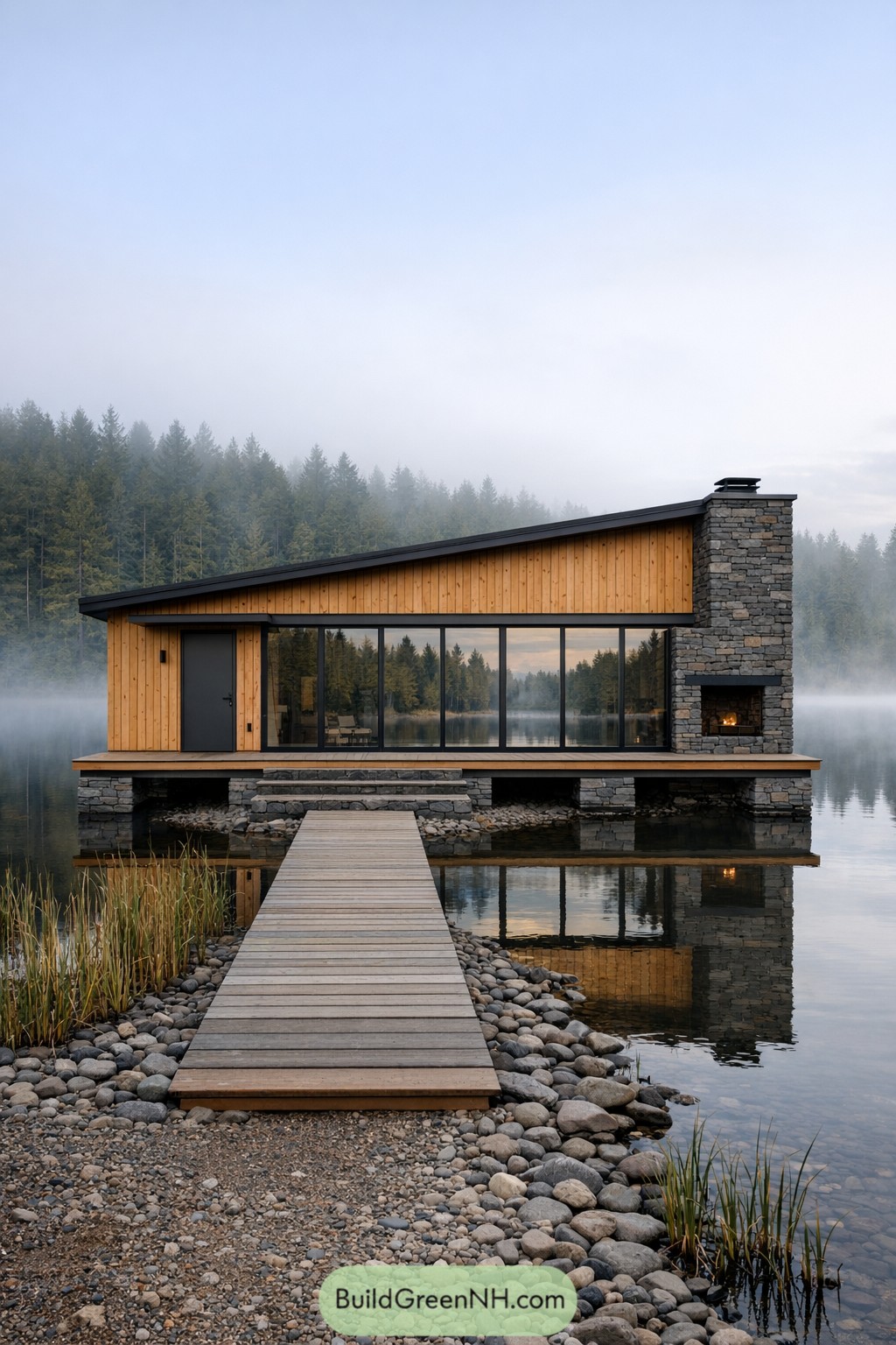 Modern wood and stone cabin on a misty lake with dock in foreground
