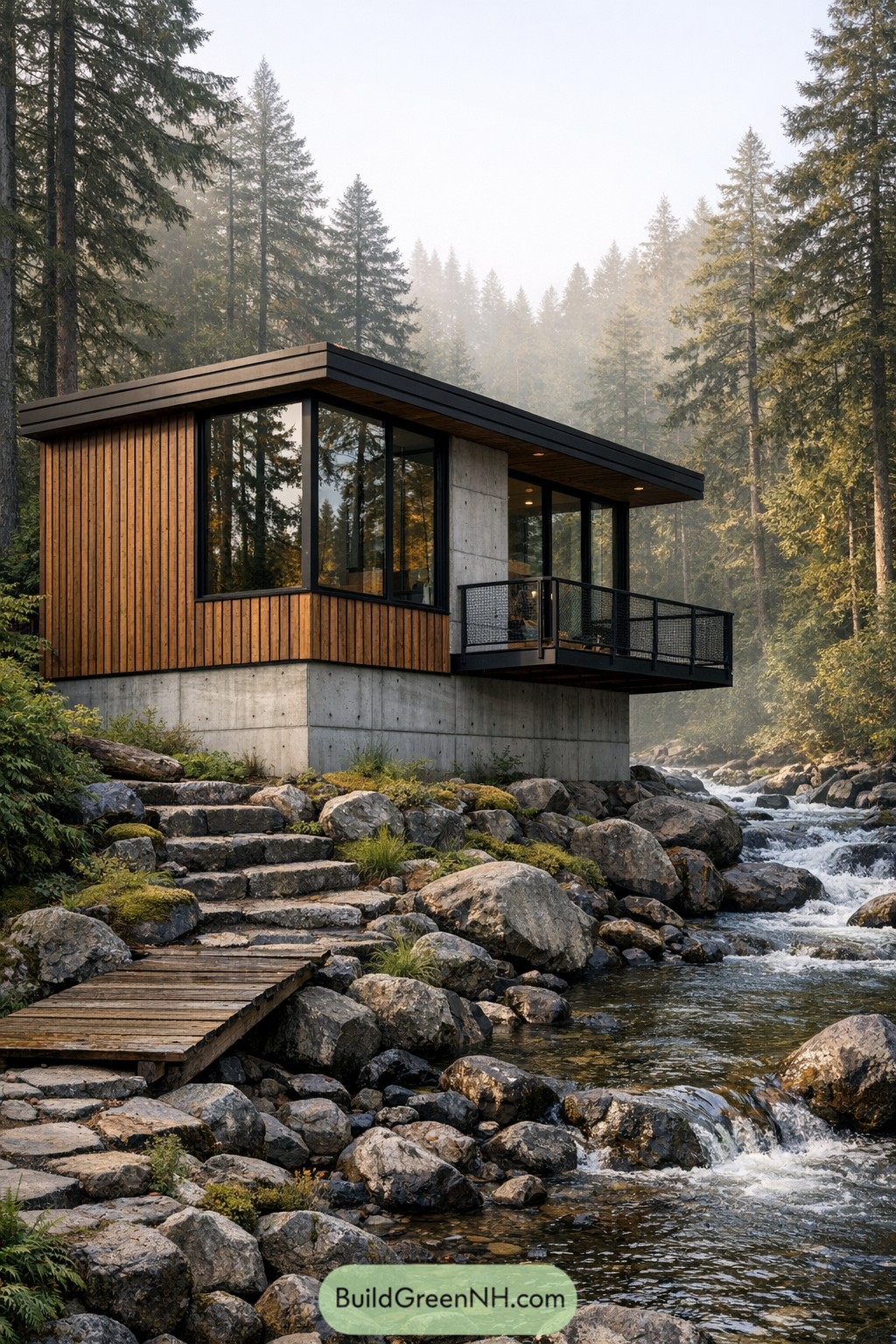 Modern wood and concrete cabin beside rocky stream in dense forest