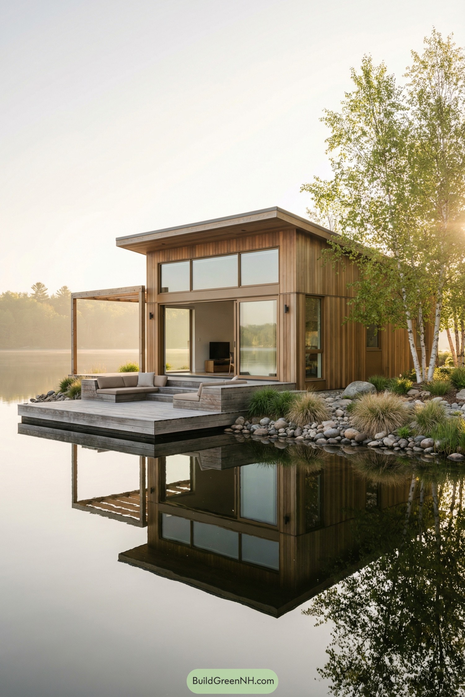 Small modern timber cabin over calm lake