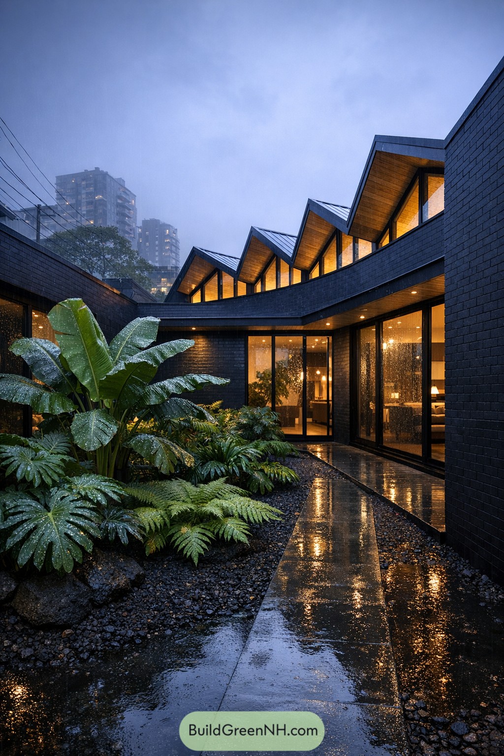 Rainy modern courtyard with lush tropical plants and dark brick walls