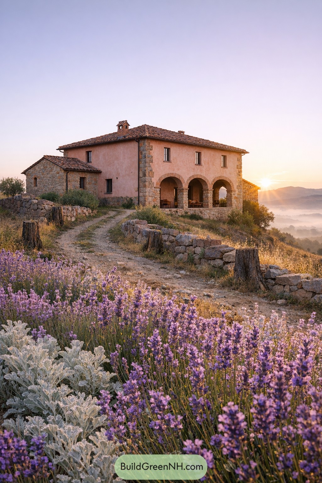 Rustic Tuscan farmhouse on a hill with lavender-lined path at sunrise