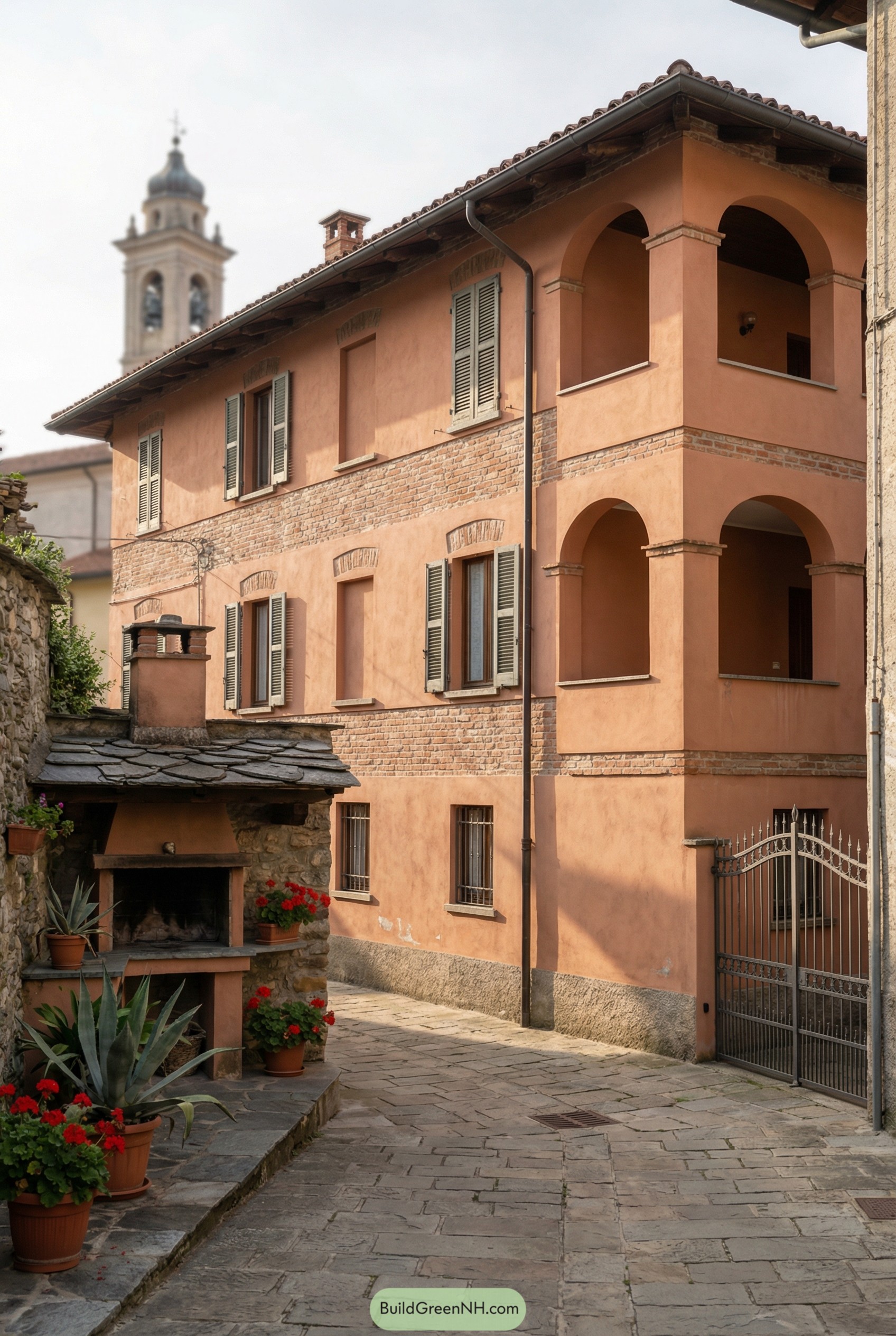 Warm terracotta Italian house with arched loggia and stone courtyard grill