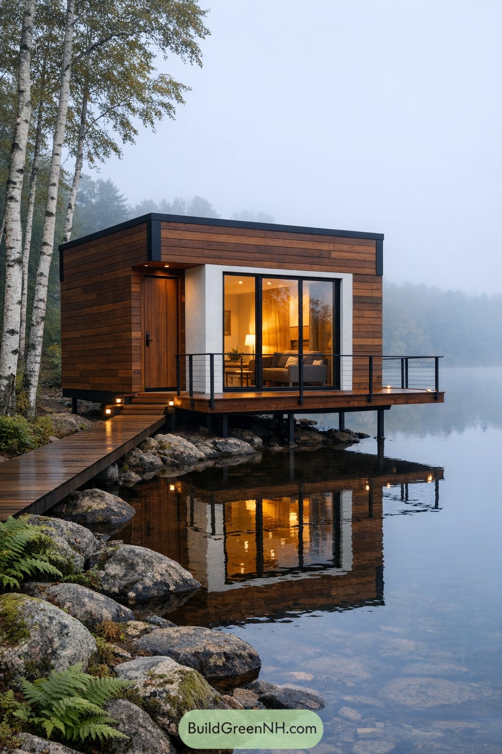 Modern wood cabin on stilts over calm lake with glass front and narrow boardwalk