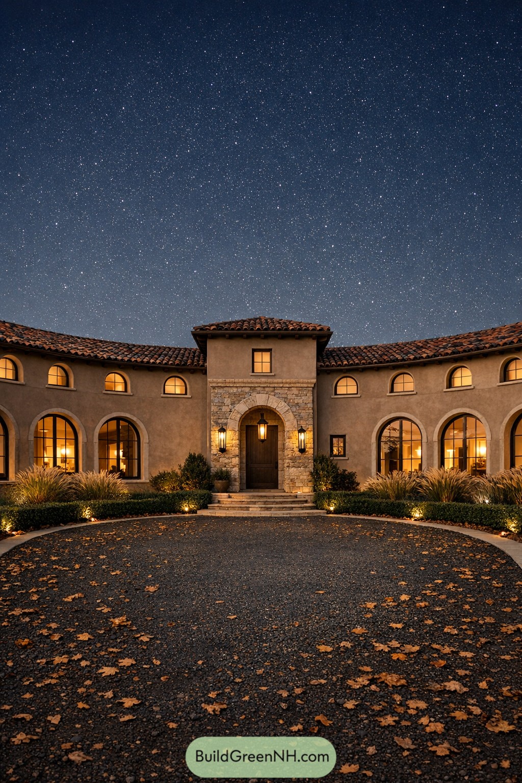 Mediterranean style curved villa at night with warm lights and a star filled sky
