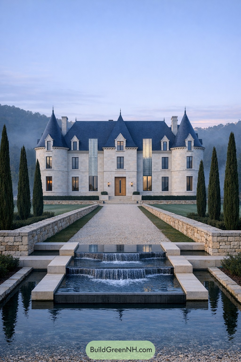 Elegant stone chateau with turrets and tiered reflecting pool