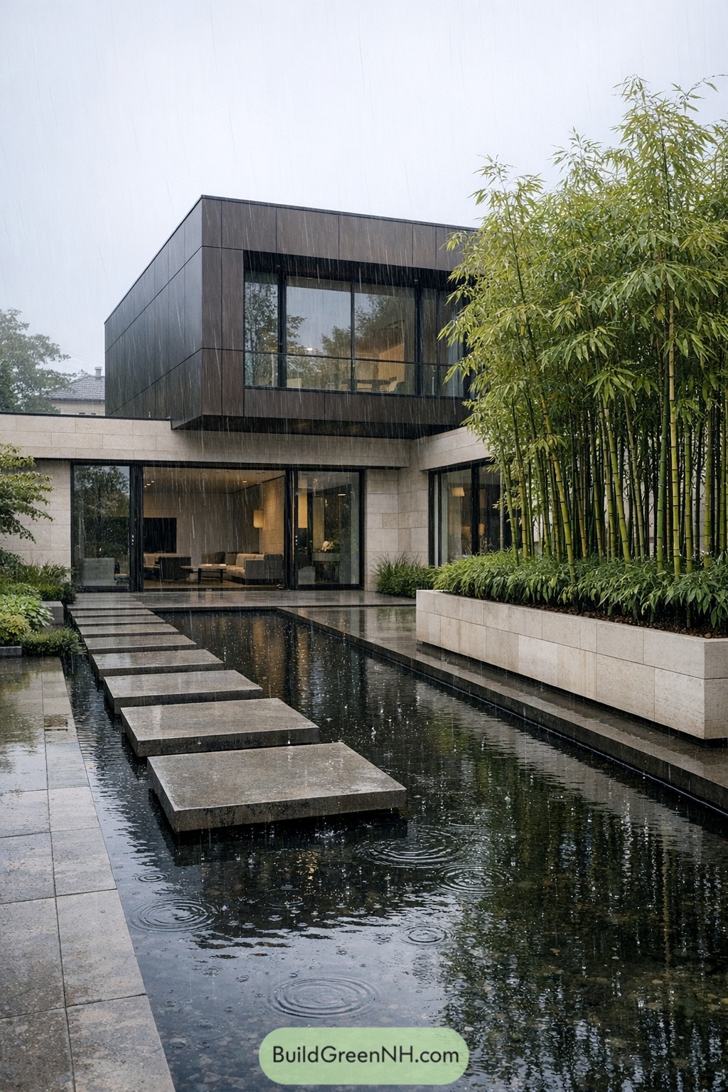 Modern courtyard with stepping stone path over a narrow reflecting pool beside tall bamboo and glassy house walls in the rain