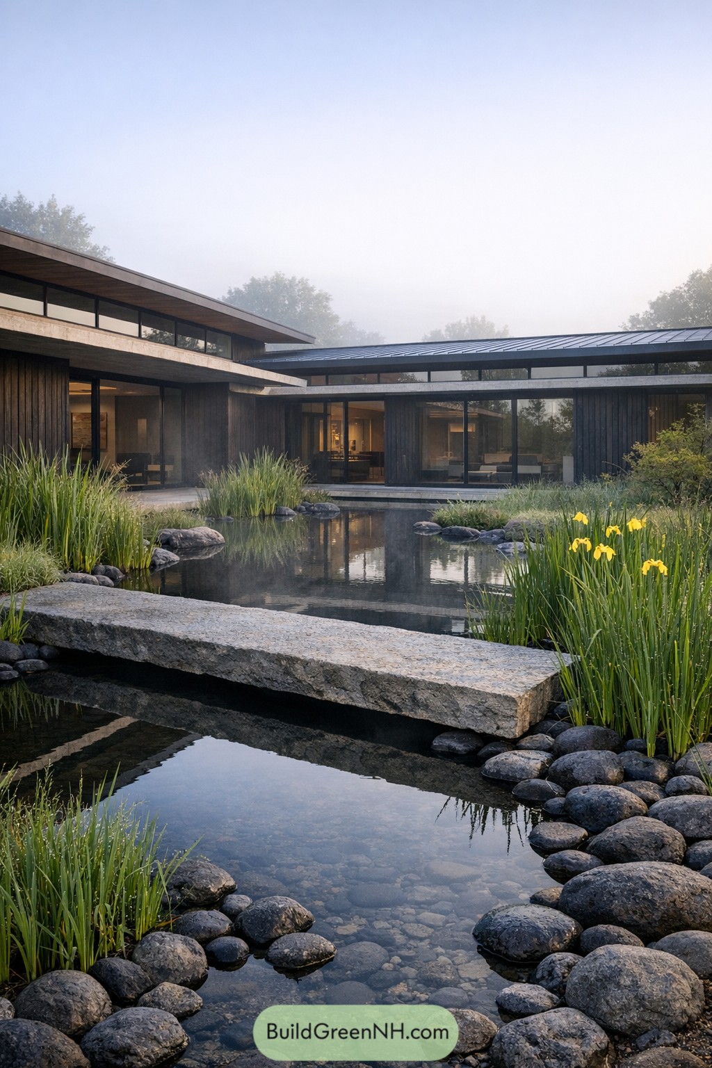 A fully shown modern courtyard house composed of layered concrete slabs and smoked timber screens, with a low mono-pitch roof and continuous clerestory band; the courtyard garden is a contemporary wetland—reeds, water iris, and black river rock—surrounding a still pond crossed by a single thick stone plank; early morning in midsummer with soft haze and dew, reflections doubling the architecture, serene and ultra-detailed. single real-life photo, high-resolution, full-frame, 28mm, f/8, ISO 100, ultra high detail, editorial architecture photography, cinematic composition, no people, no animals, no text, soft lighting, strictly no collages