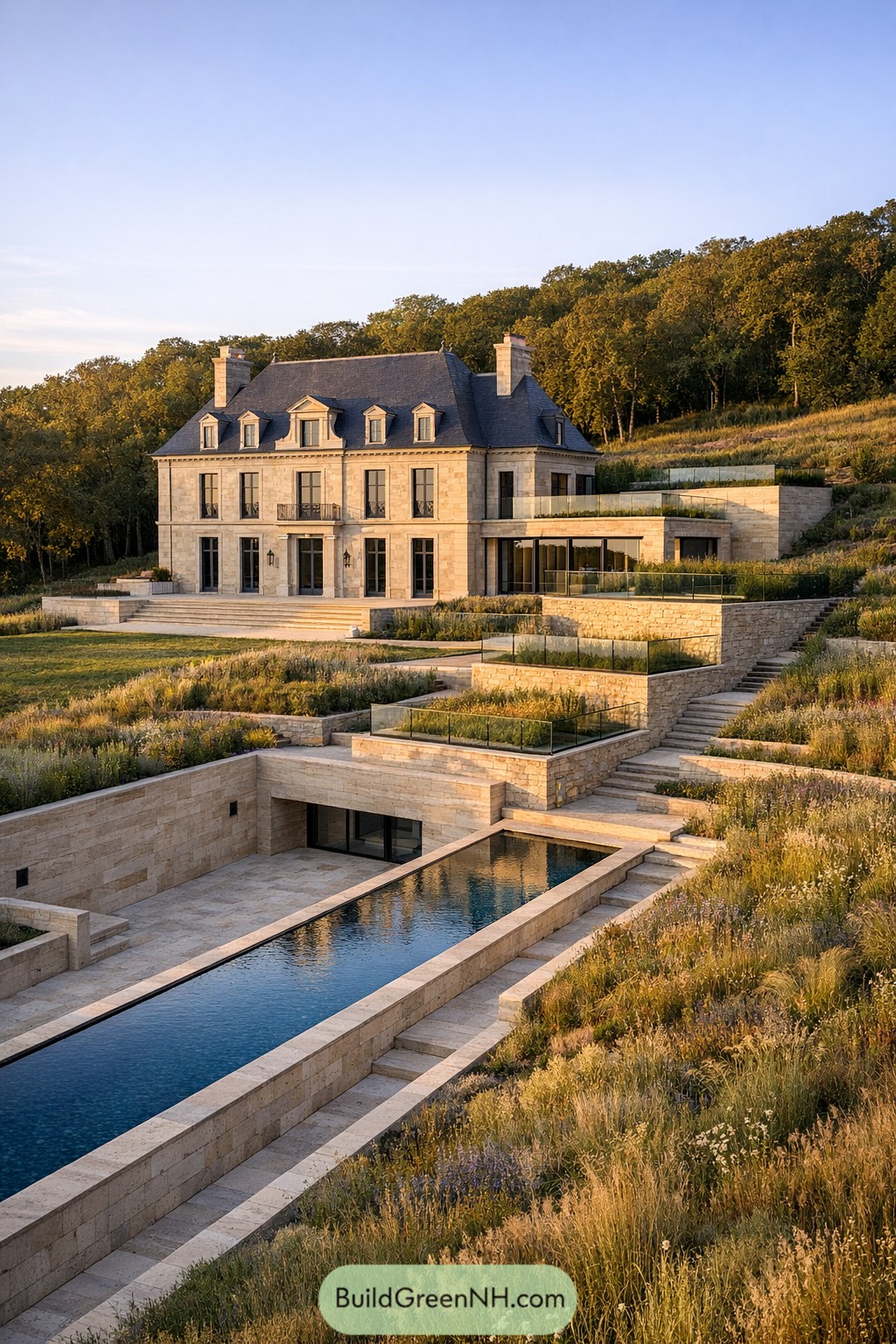 Stone French-style chateau on a terraced slope with a long sunken pool and native meadow landscaping