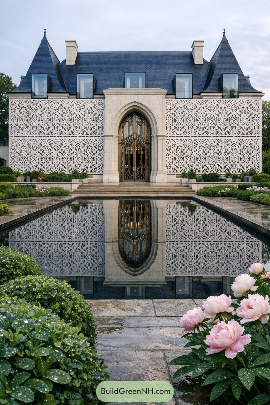 Elegant French-inspired chateau with patterned stone screen and reflecting pool in front