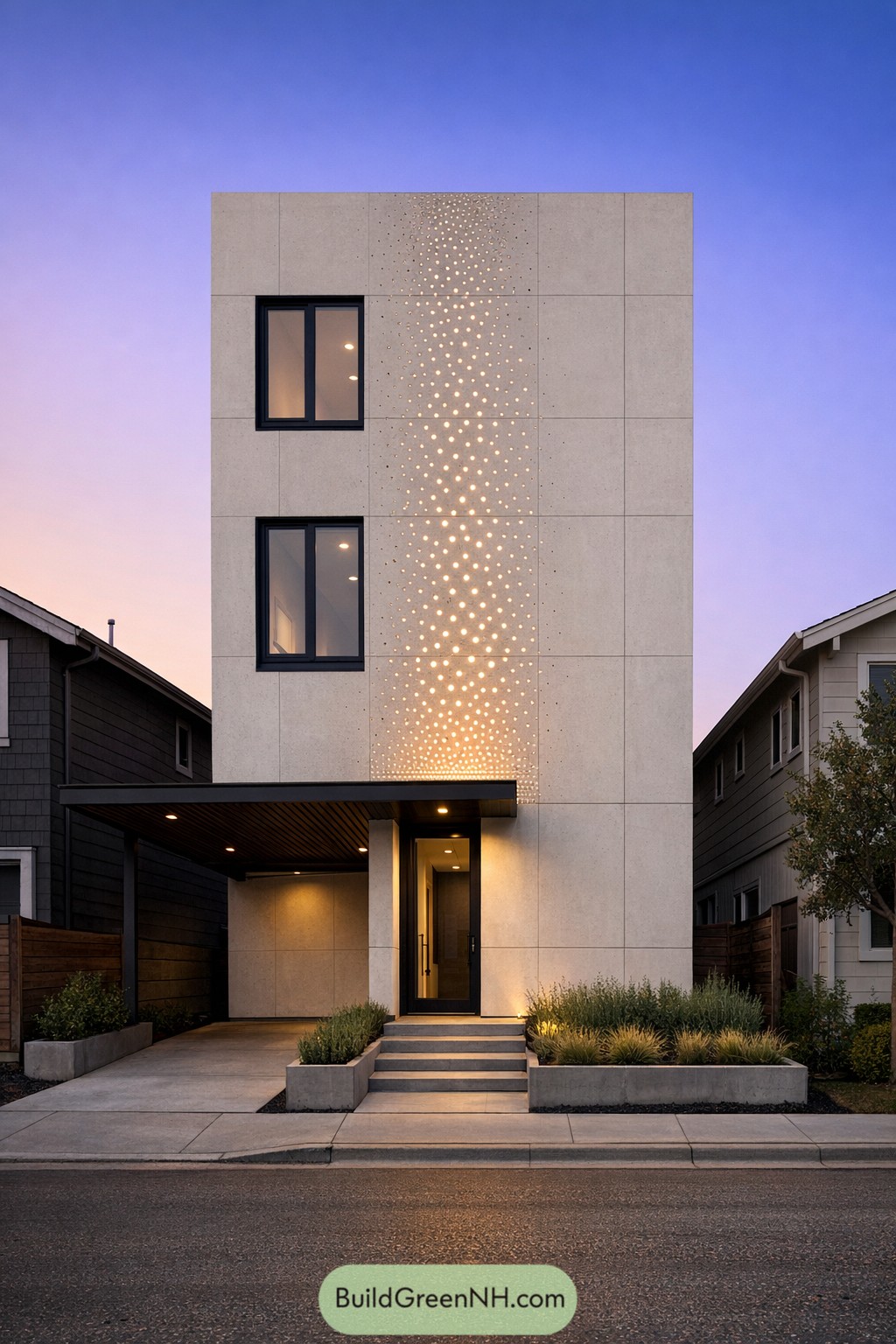 Modern three story narrow house with perforated glowing concrete front and covered carport entry