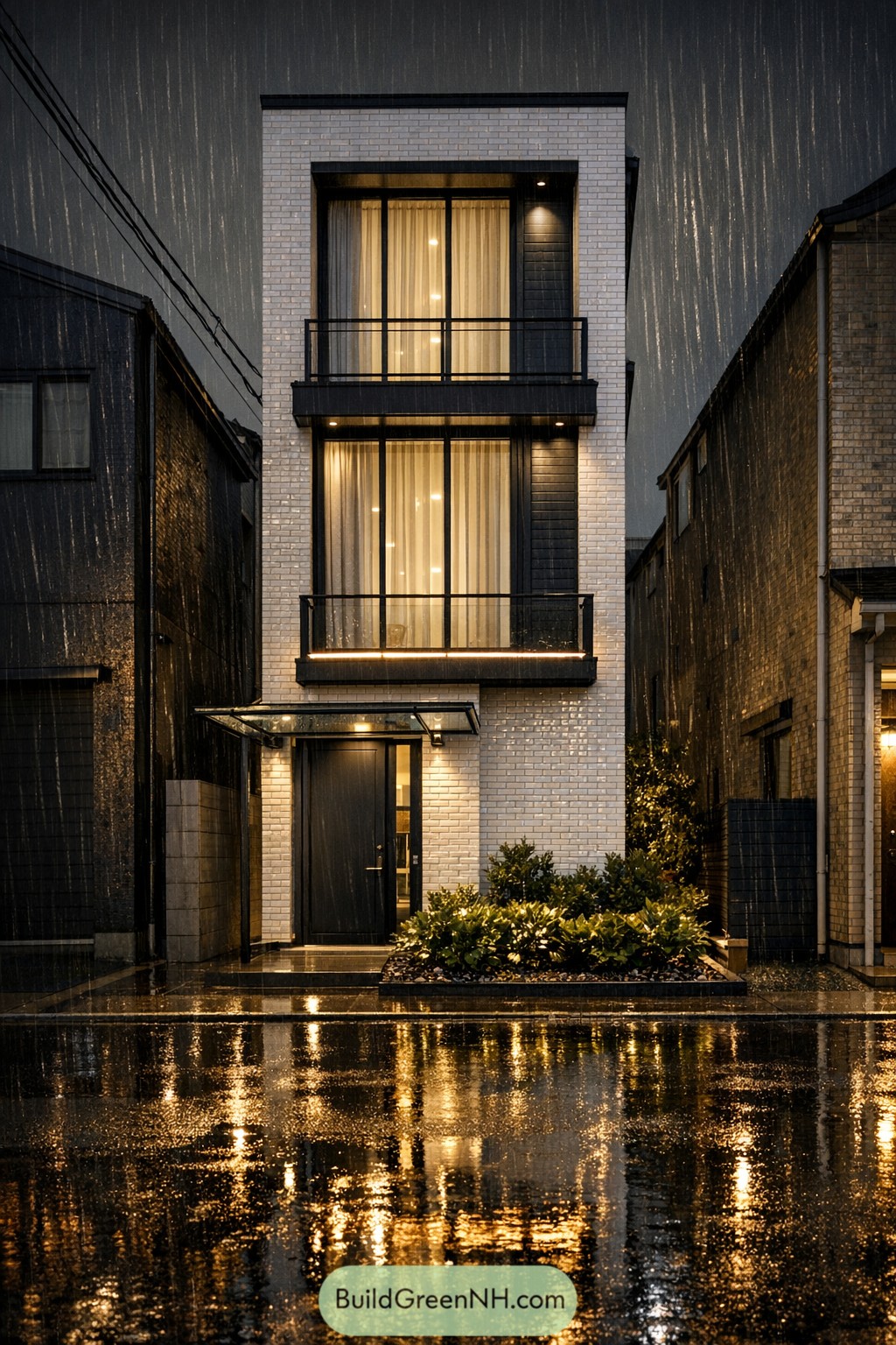 Slim three story brick house with warm lit balconies reflecting on a rainy urban street