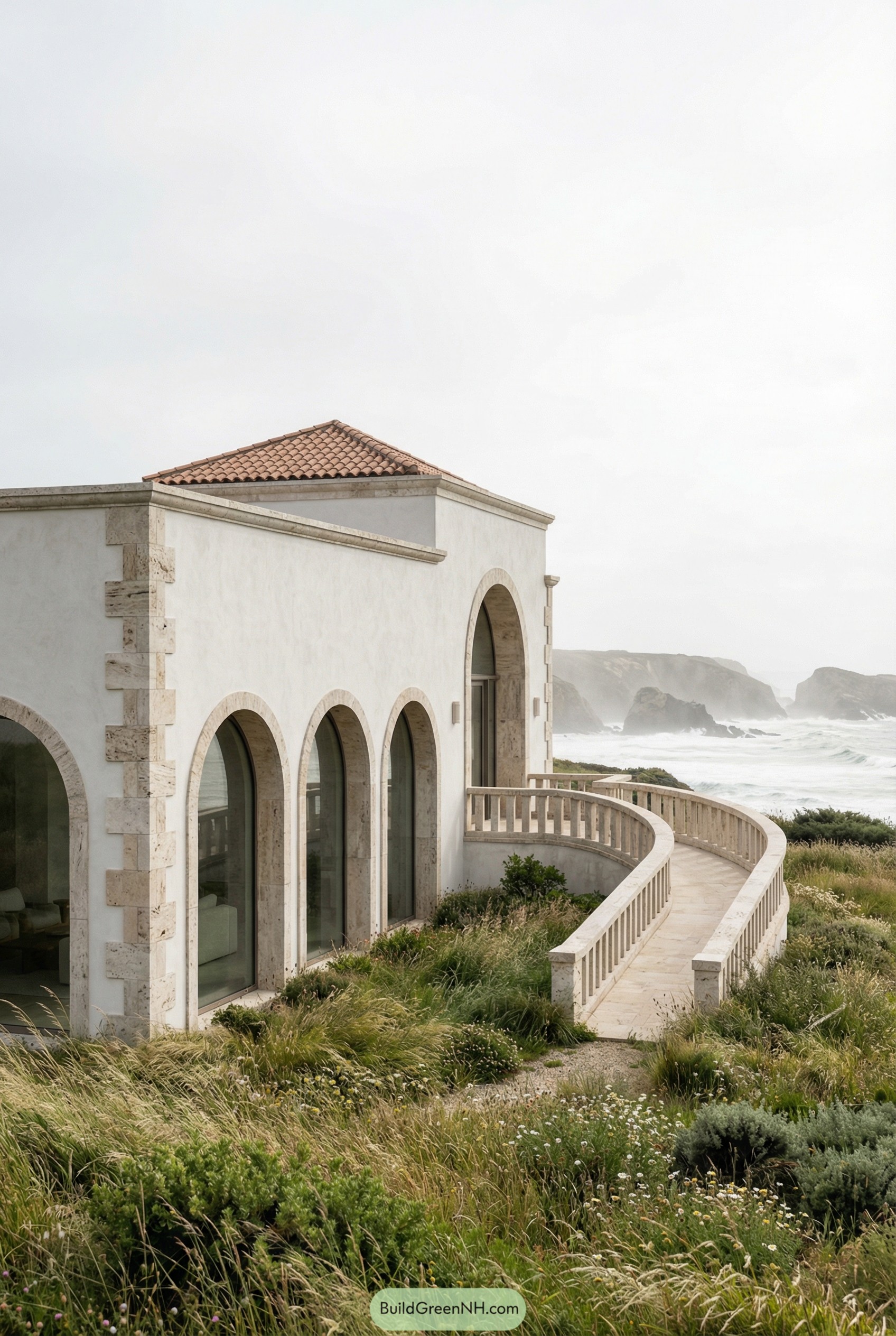 Stuccoed Roman style villa with arched windows and a curved seaside terrace overlooking rocky waves