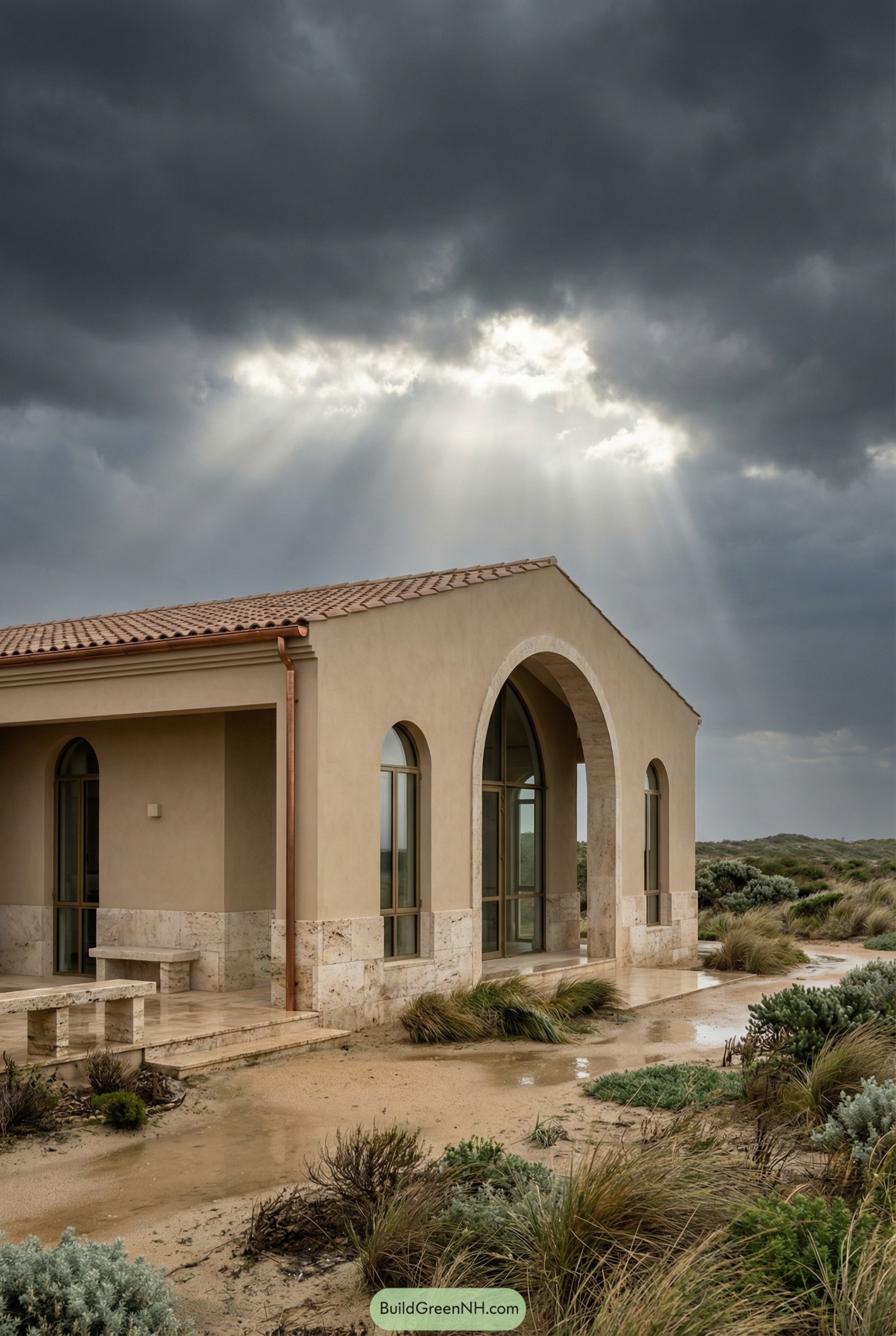 Modern Roman villa with tall arches and sandy landscape under dramatic clouds