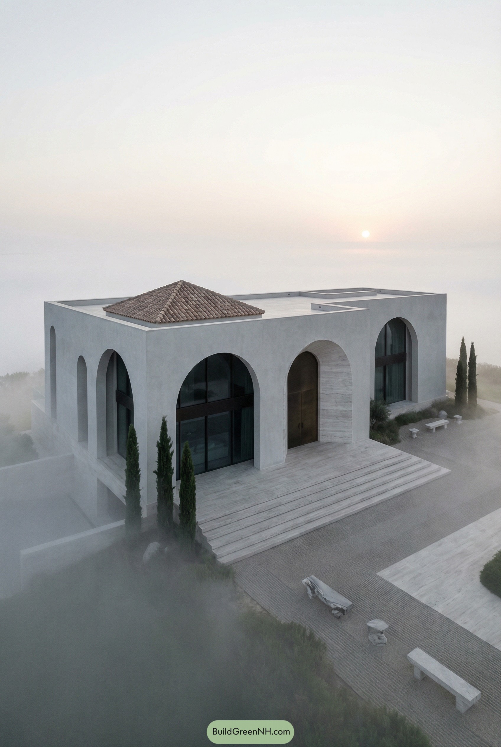 A fully shown modern Roman villa on a high plateau at dawn with low fog, monolithic facade in pale grey travertine and chalky plaster, a series of oversized abstract arches cut into the volume revealing shadowed glass behind, minimal roofline with concealed drainage and a single tiled pavilion element, broad travertine steps leading to a recessed bronze door, sparse landscaping of cypress and gravel with sculptural stone seating, fog pooling around the base and a faint sun disk creating a serene, ethereal atmosphere; single real-life photo, high-resolution, full-frame, 28mm, f/8, ISO 100, ultra high detail, editorial architecture photography, cinematic composition, no people, no animals, no text, soft lighting, strictly no collages