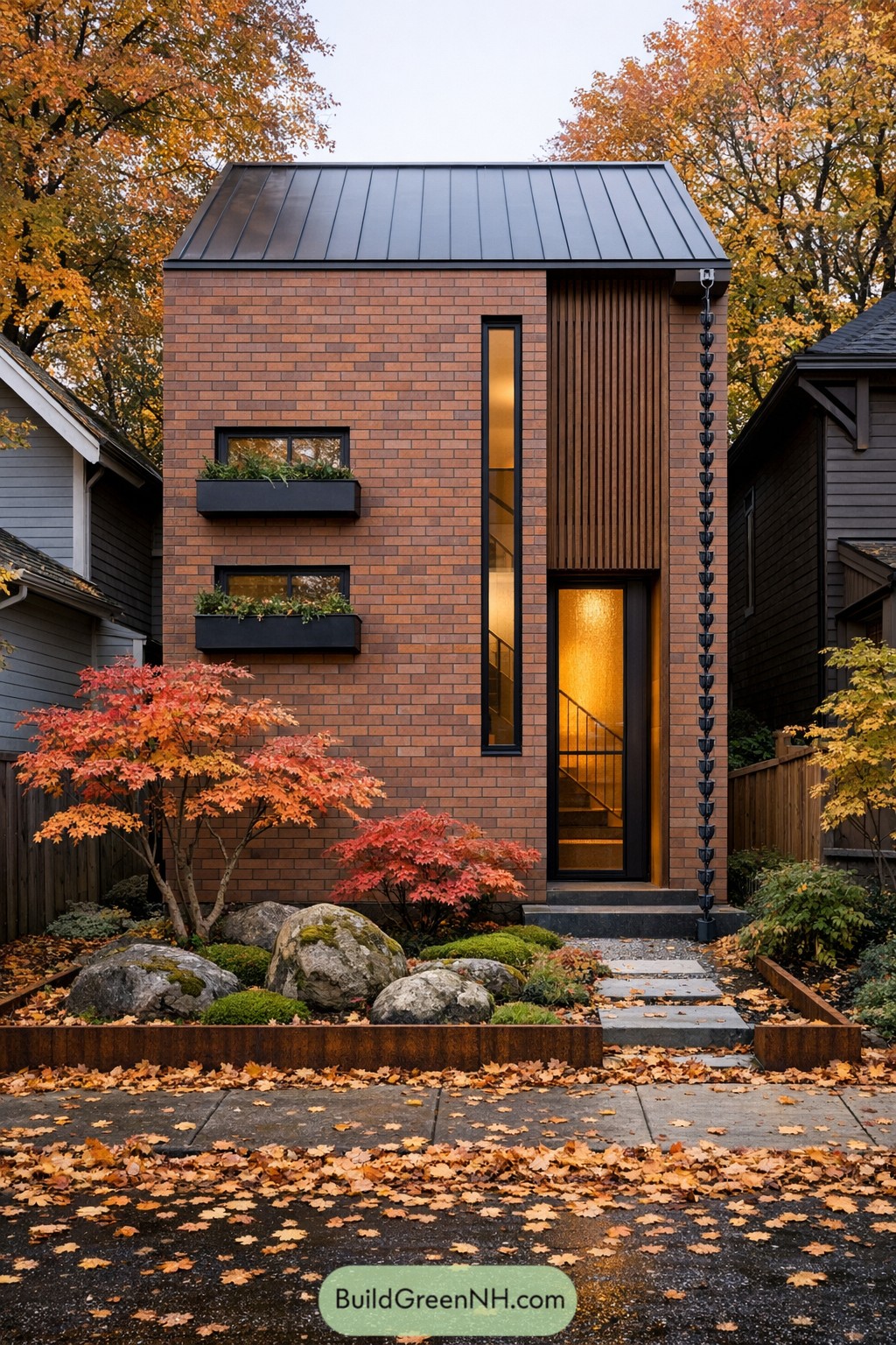 Modern narrow brick house with tall windows and lush front garden