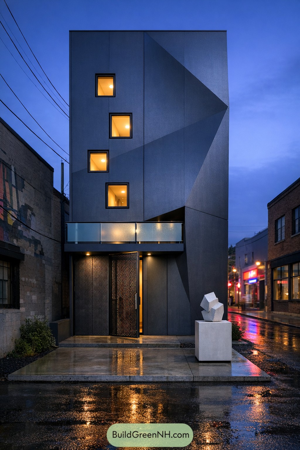 Tall dark narrow house with angular facade