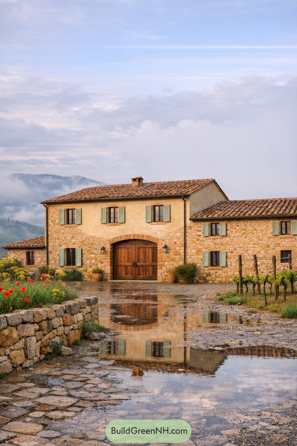 Rustic Tuscan farmhouse with stone walls and shutters