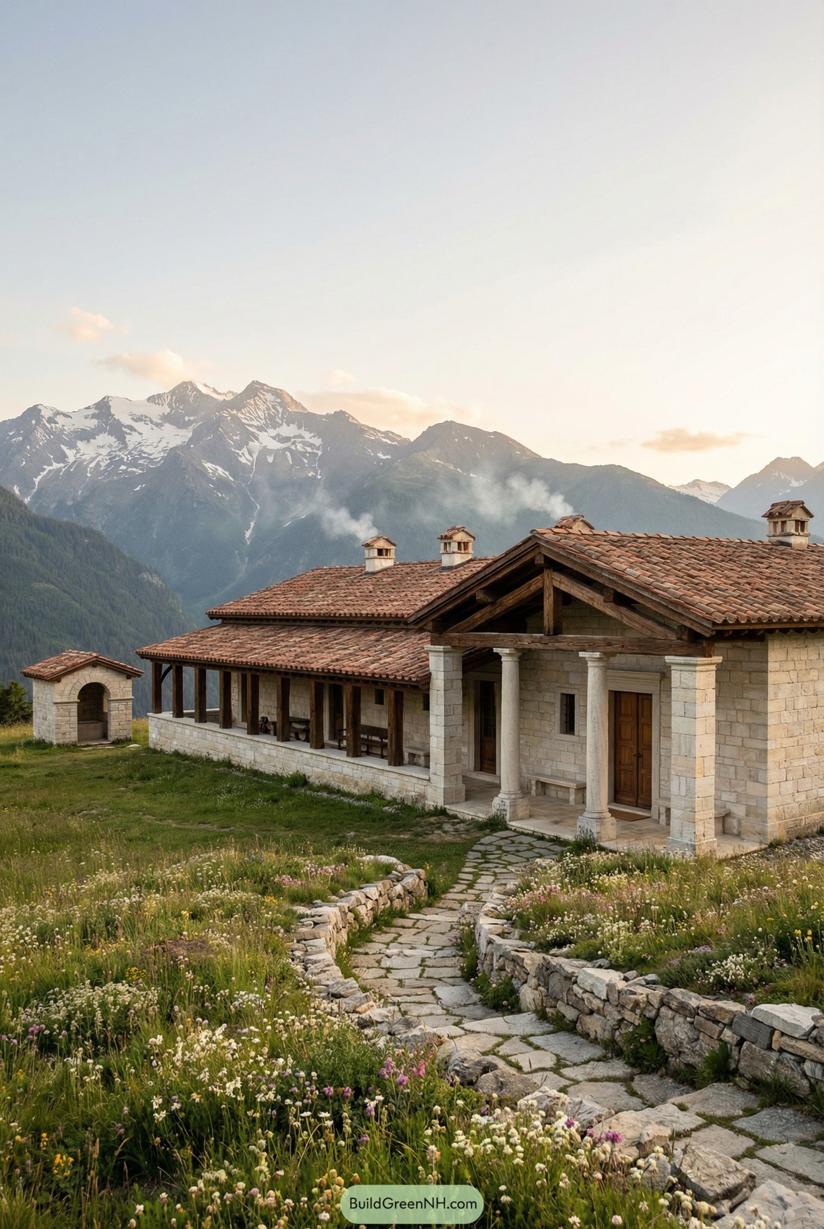 A fully shown Roman villa in a high-alpine meadow at late afternoon, surrounded by wildflowers and distant jagged peaks, blending classical form with mountain materials; the structure uses pale limestone with timber accents, a robust colonnaded porch, and a long lateral loggia sheltered by a pronounced eave line; roof tiles are terracotta but weathered to a muted clay tone, and chimney-like roof vents hint at hypocaust heating; windows are small-paned behind wooden shutters, and the main entrance is reached by a gently rising stone path bordered by low rock walls and alpine shrubs; a small freestanding bath pavilion with an arched doorway sits to one side, and the entire villa complex is captured fully in the frame against crisp mountain air. single real-life photo, high-resolution, full-frame, 28mm, f/8, ISO 100, ultra high detail, editorial architecture photography, cinematic composition, no people, no animals, no text, soft lighting, strictly no collages.
