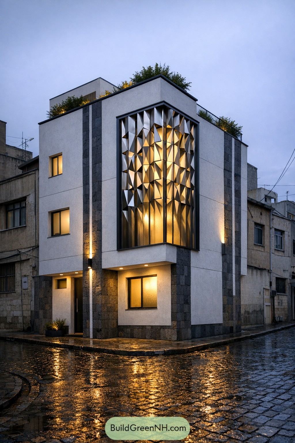 Modern three story house with illuminated geometric screen on a rainy corner street