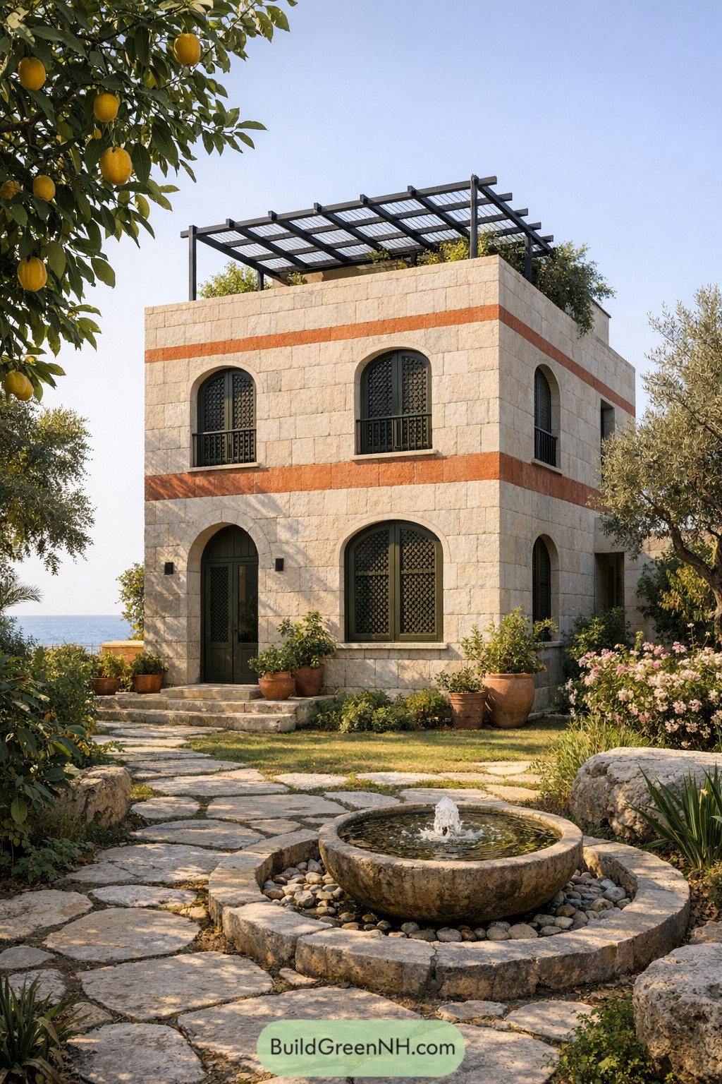 Stone clad two story Arabic style house with arched windows, rooftop pergola, and circular fountain in a Mediterranean garden