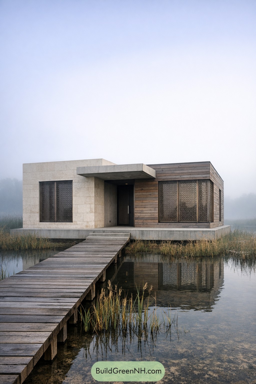 Modern boxy lakeside house with mashrabiya-style metal screens and a timber walkway over calm water