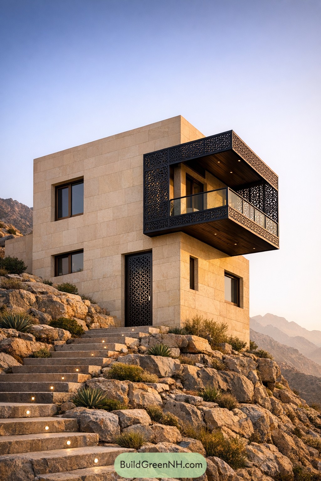 Modern stone house with ornate metal balcony on rocky hillside