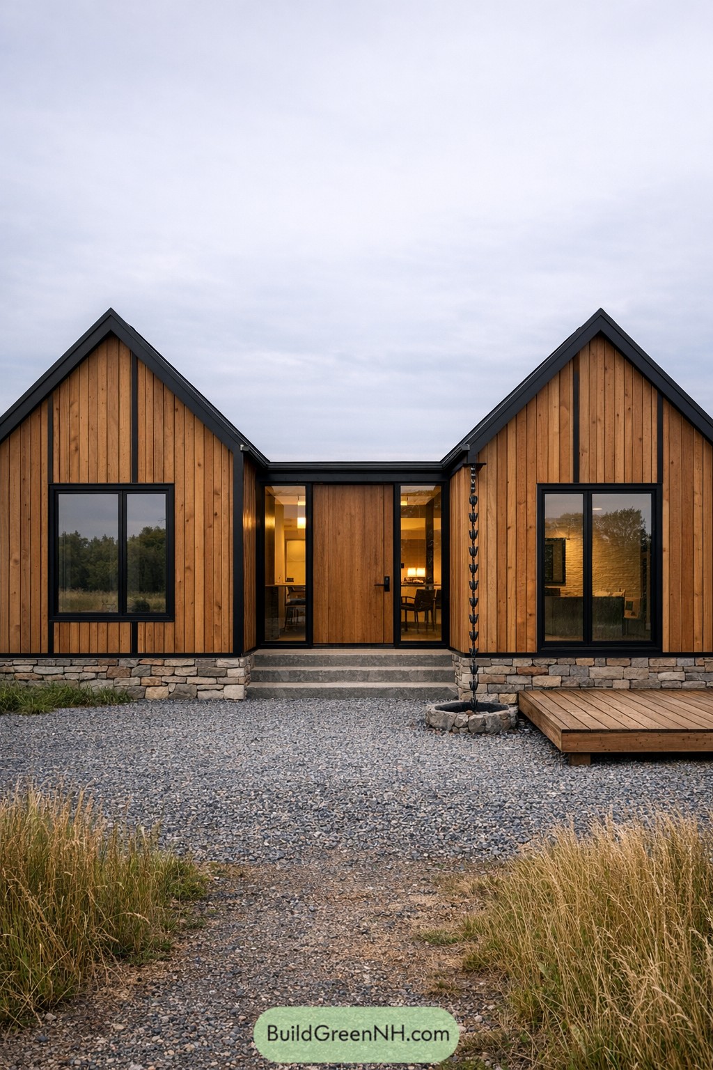 Modern twin gable wood house with stone base and large black-framed windows