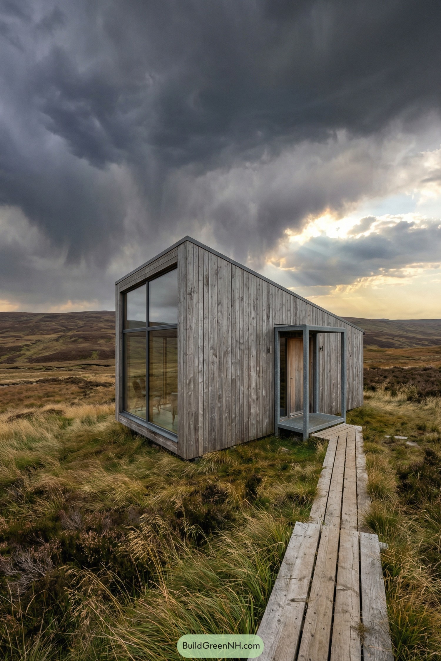 Small timber cabin with large glass wall set on a grassy moor under stormy skies