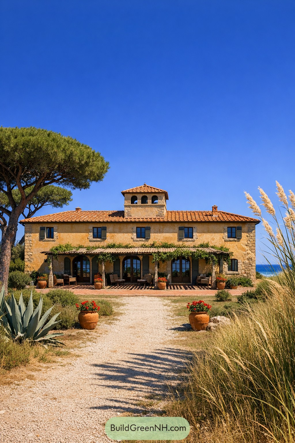 A fully shown Tuscan country house at high summer midday under a clear cobalt sky, but set in an unexpected coastal Maremma landscape: a long rectangular farmhouse with a central dovecote-like belvedere, sun-bleached ochre plaster with stone quoins, and a terracotta roof catching hard light; arched French doors open onto a shaded pergola of reed canes and grapevine, casting striped shadows on a brick patio. In front, wind-sculpted umbrella pines and tall dune grasses frame the building; beyond the property, a glimpse of shimmering sea on the horizon, with a gravel path lined by agaves and terracotta pots of geraniums. single real-life photo, high-resolution, full-frame, 28mm, f/8, ISO 100, ultra high detail, editorial architecture photography, cinematic composition, no people, no animals, no text, soft lighting, strictly no collages