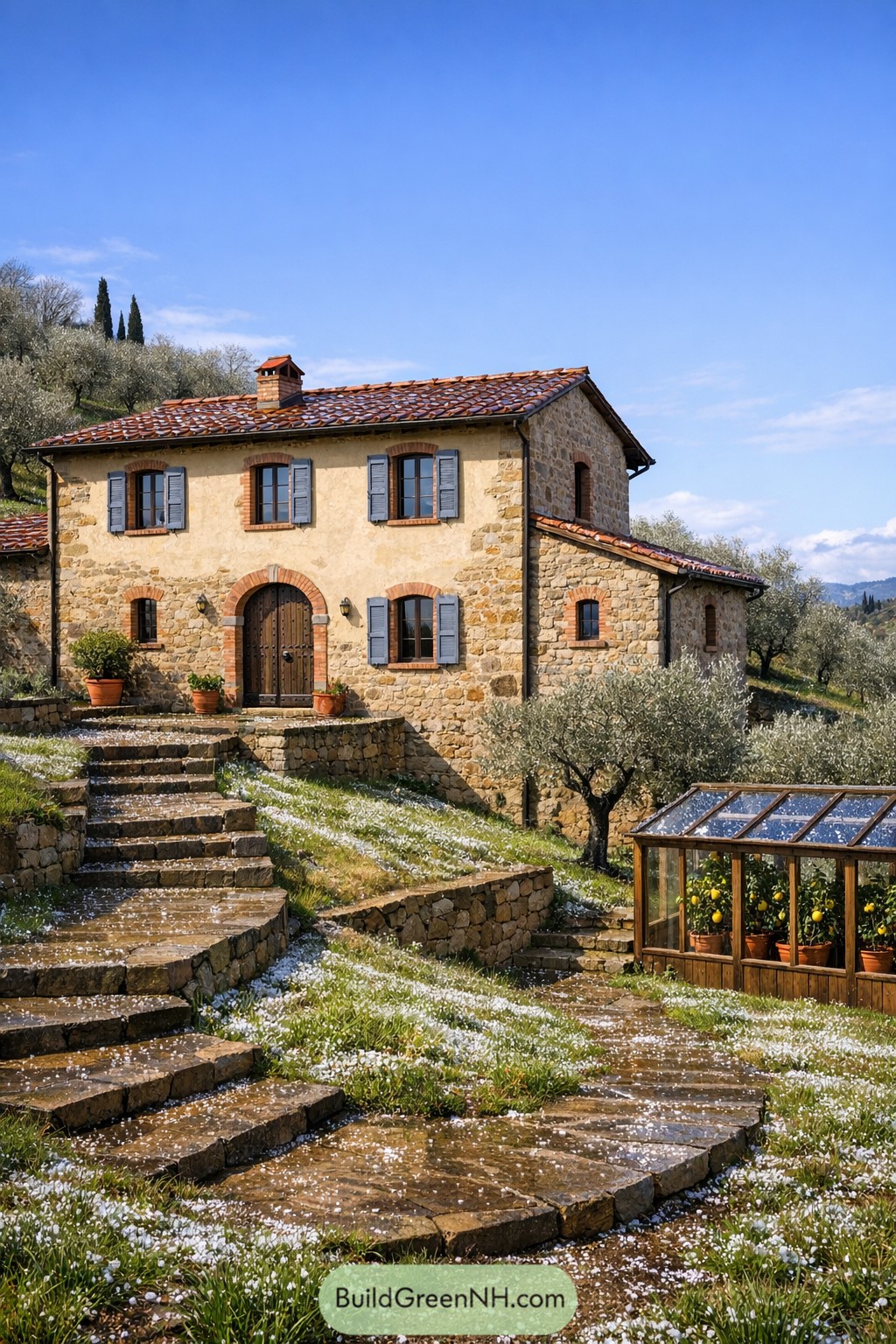 Charming stone Tuscan farmhouse with terraced steps and a small greenhouse on a sunny hillside