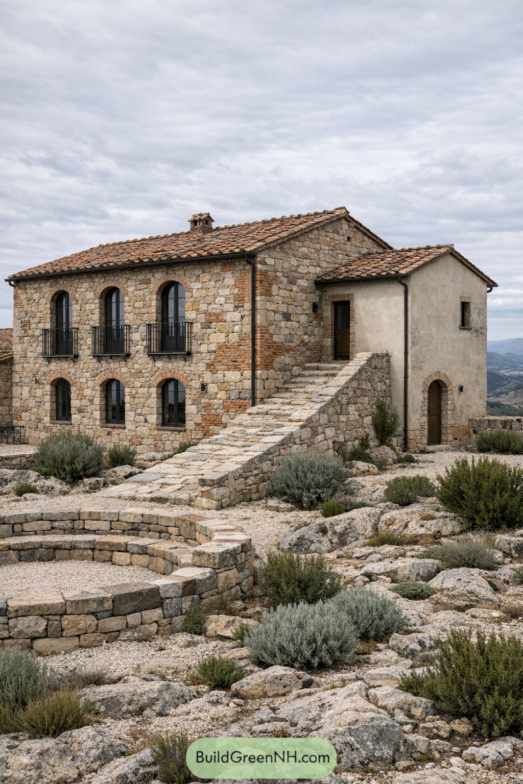 Rustic stone Tuscan house on rocky hillside