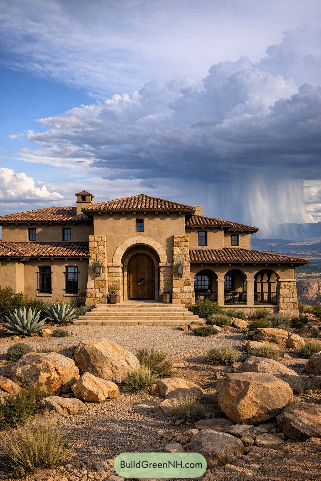 A fully visible 2000s Tuscan estate set at the edge of a high desert mesa, captured in full-frame with the entire house included: warm taupe stucco with chunky sandstone buttresses, a deep recessed loggia creating strong shadow bands, dark iron window grilles, and a terracotta roof with slightly weathered variation; the front door is arched, carved wood with an iron ring pull, reached by wide limestone steps; desert landscaping uses agave, gravel, and sculptural boulders, while a distant thunderstorm paints a curtain of rain over far mountains, leaving the foreground sunlit and dramatic. single real-life photo, high-resolution, full-frame, 28mm, f/8, ISO 100, ultra high detail, editorial architecture photography, cinematic composition, no people, no animals, no text, soft lighting, strictly no collages.