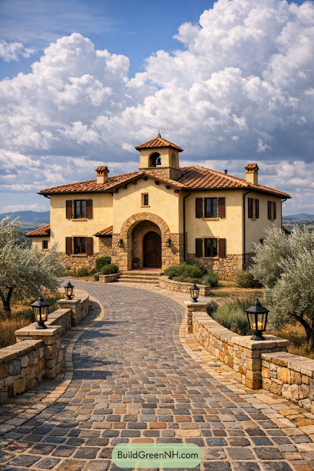 Warm stucco Tuscan villa with stone base, bell tower, and curved cobblestone drive lined with lanterns