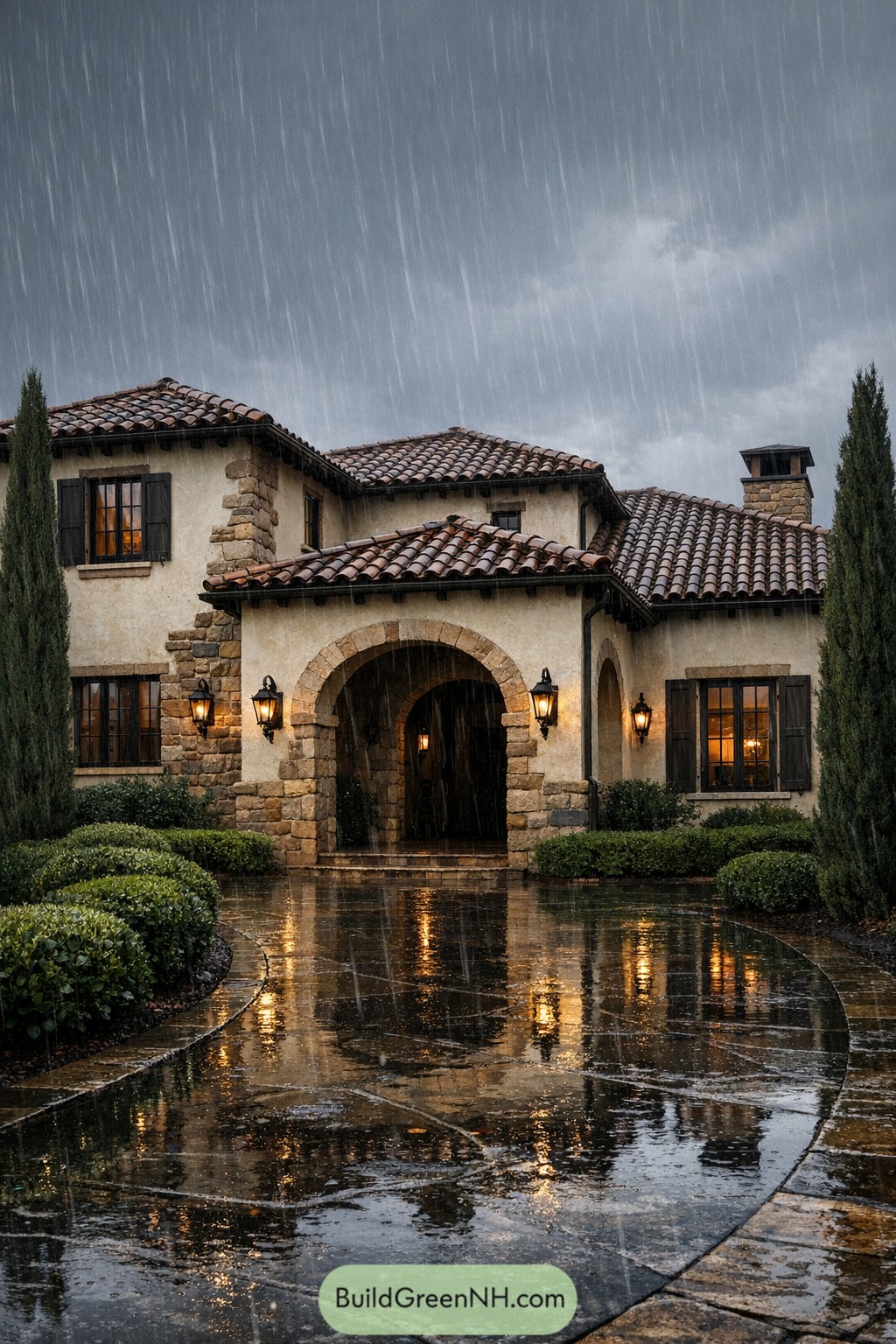 Stucco and stone Tuscan house with arched entry, glowing lanterns, and wet driveway in the rain