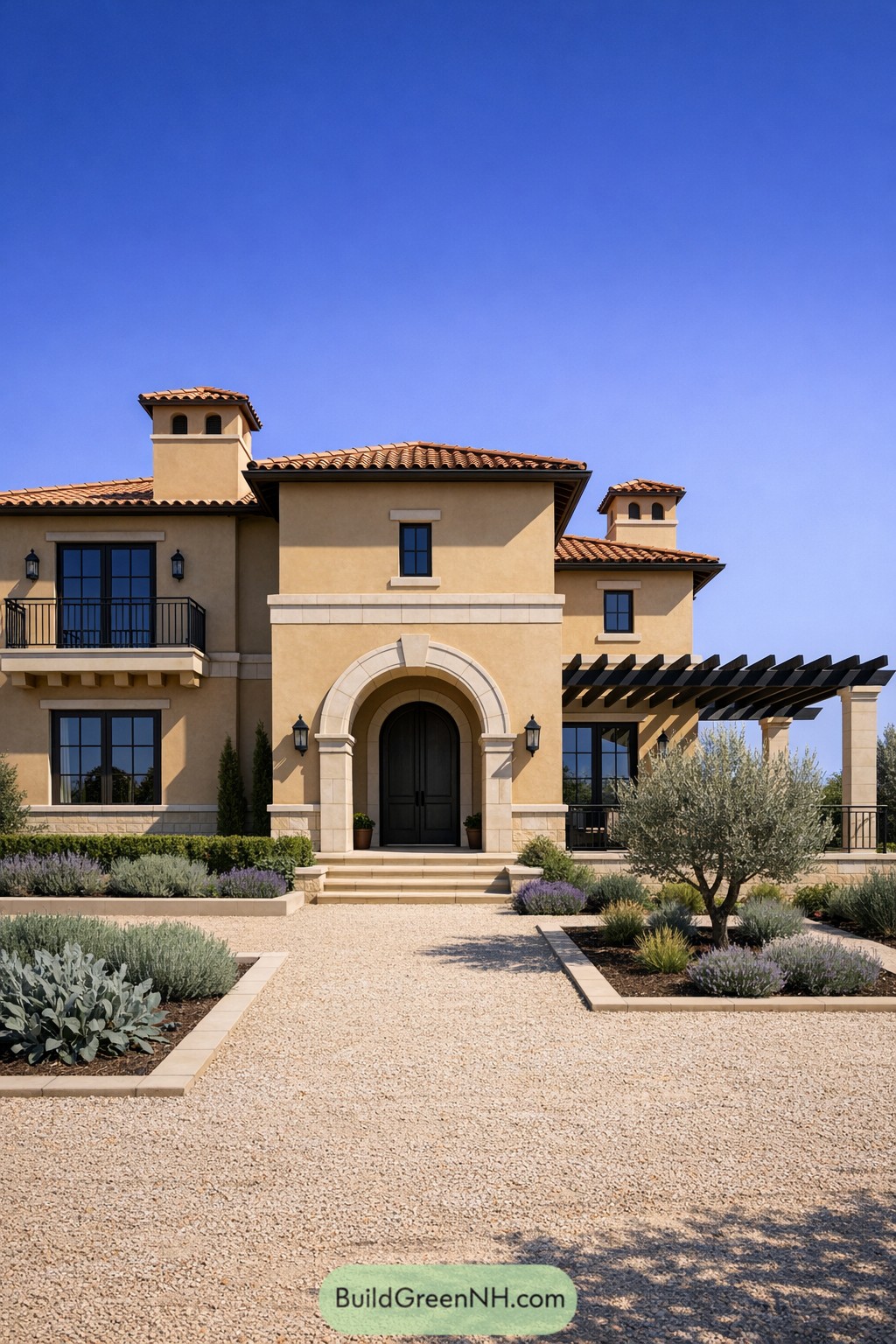 Warm stucco Tuscan villa with arched entry, pergola terrace, and Mediterranean landscaping