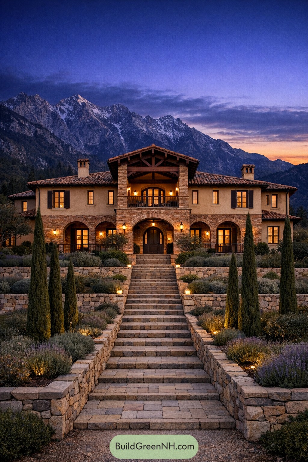Warmly lit Tuscan stone villa with grand stairway and mountain backdrop at dusk