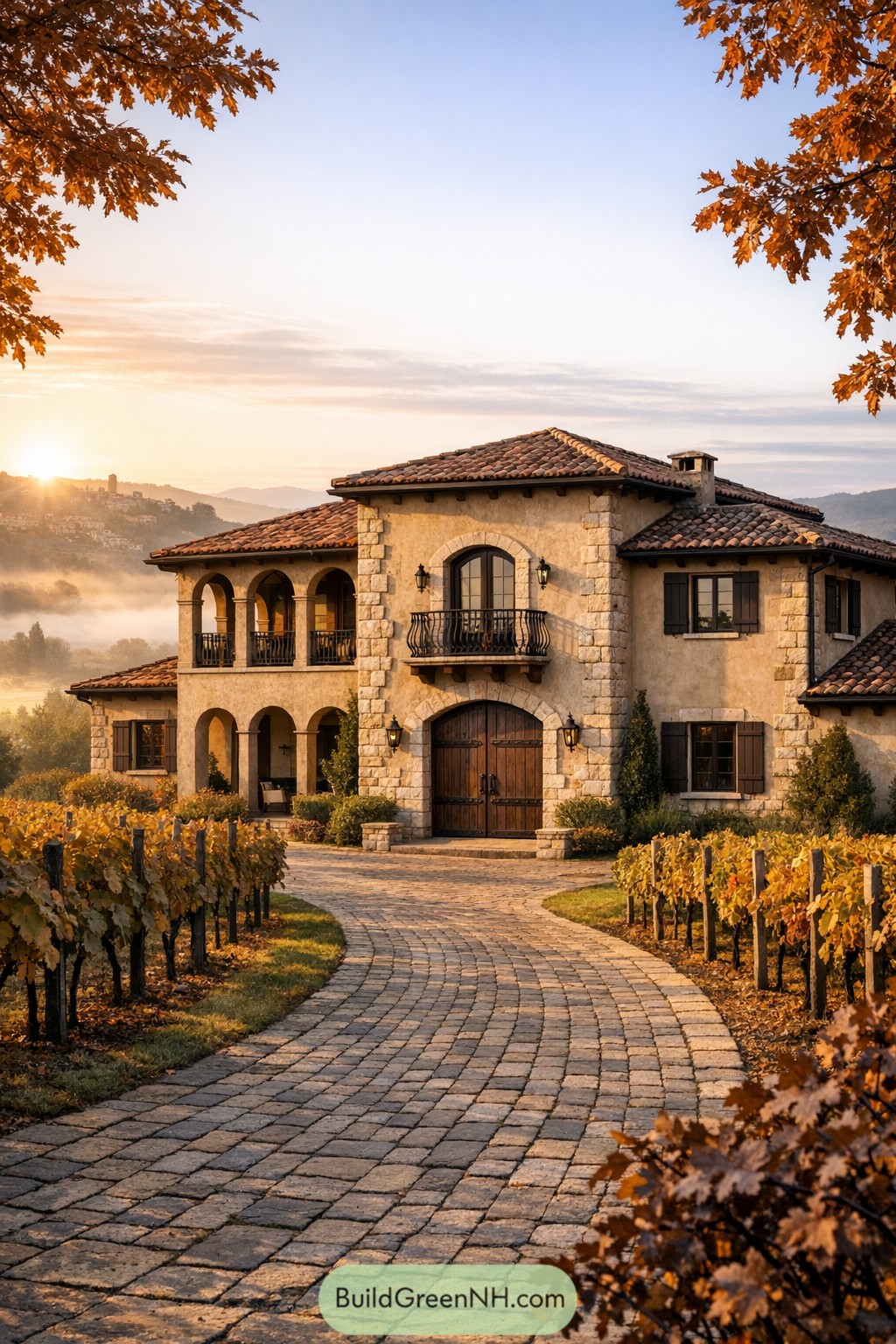 Stone Tuscan villa with tiled roof amid vineyards at sunset