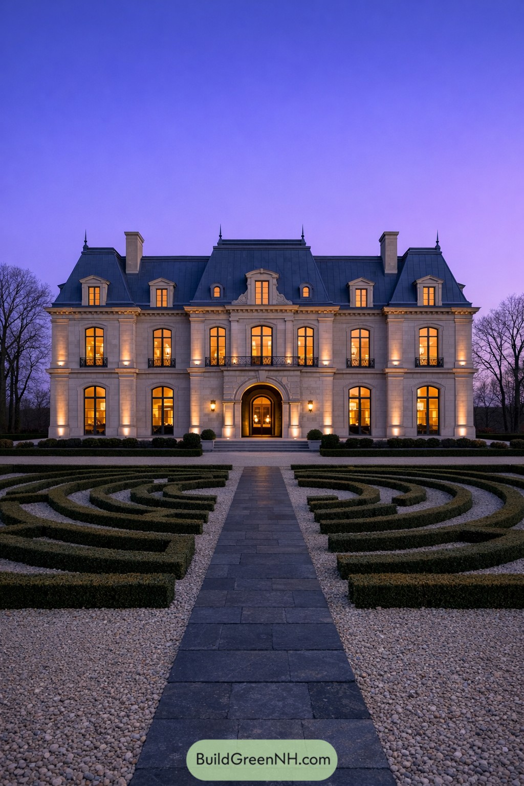 Elegant French chateau glowing at dusk, fronted by a symmetrical maze-like parterre and straight stone walkway