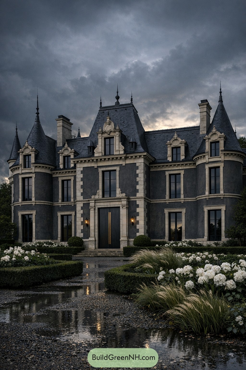 Grand stone chateau with dark slate roof and formal wet gravel entry garden under stormy skies