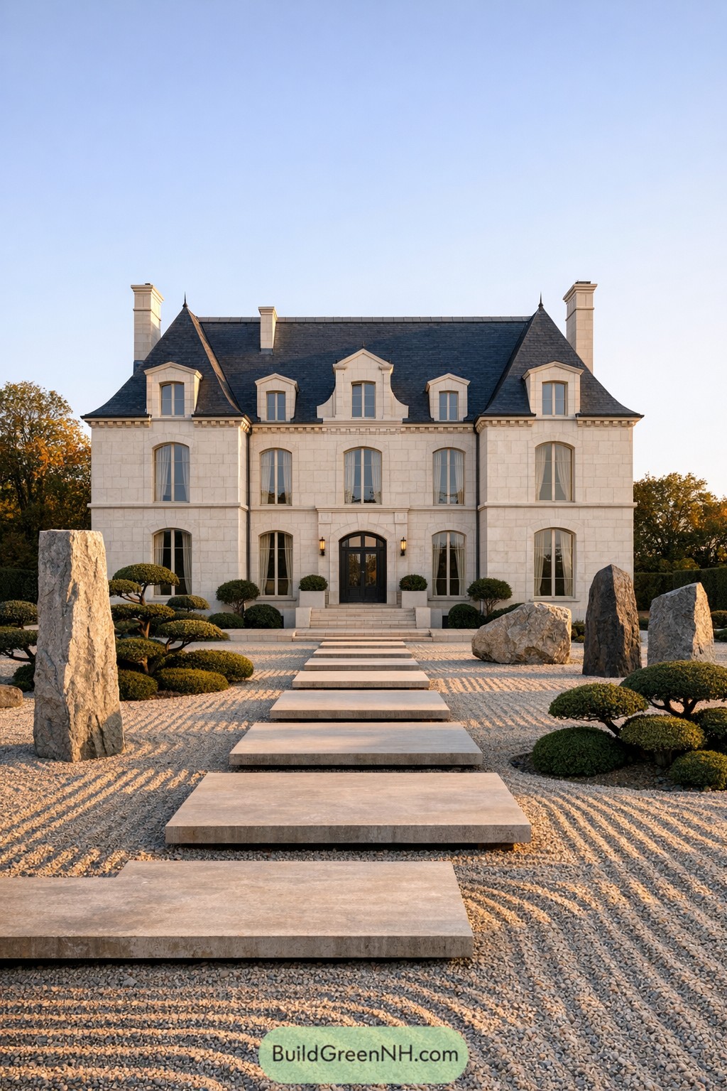 Elegant French chateau with minimalist stone path crossing a raked gravel garden and sculpted greenery