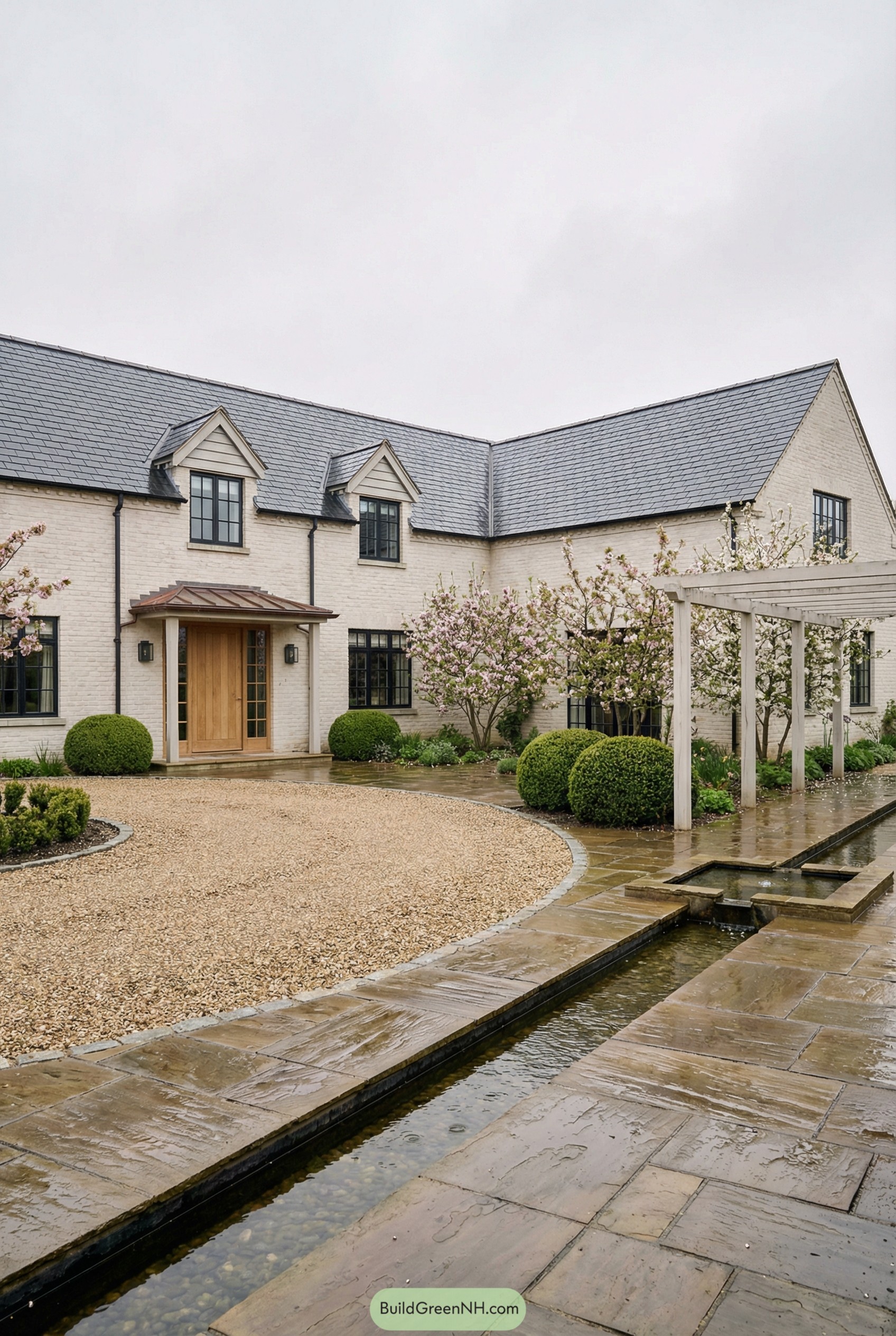 Light brick country house with slate roof and landscaped water feature