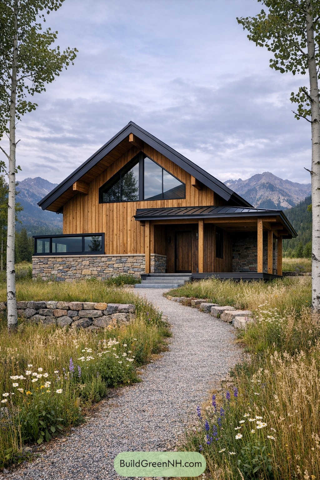Modern wood cabin with stone base in meadow