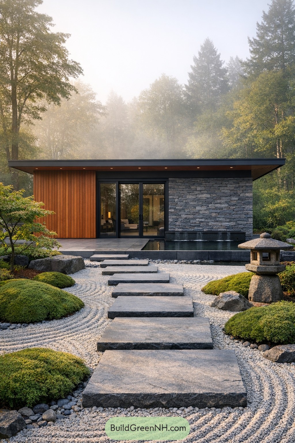 Modern wood and stone cottage with stepping stone path through raked gravel garden
