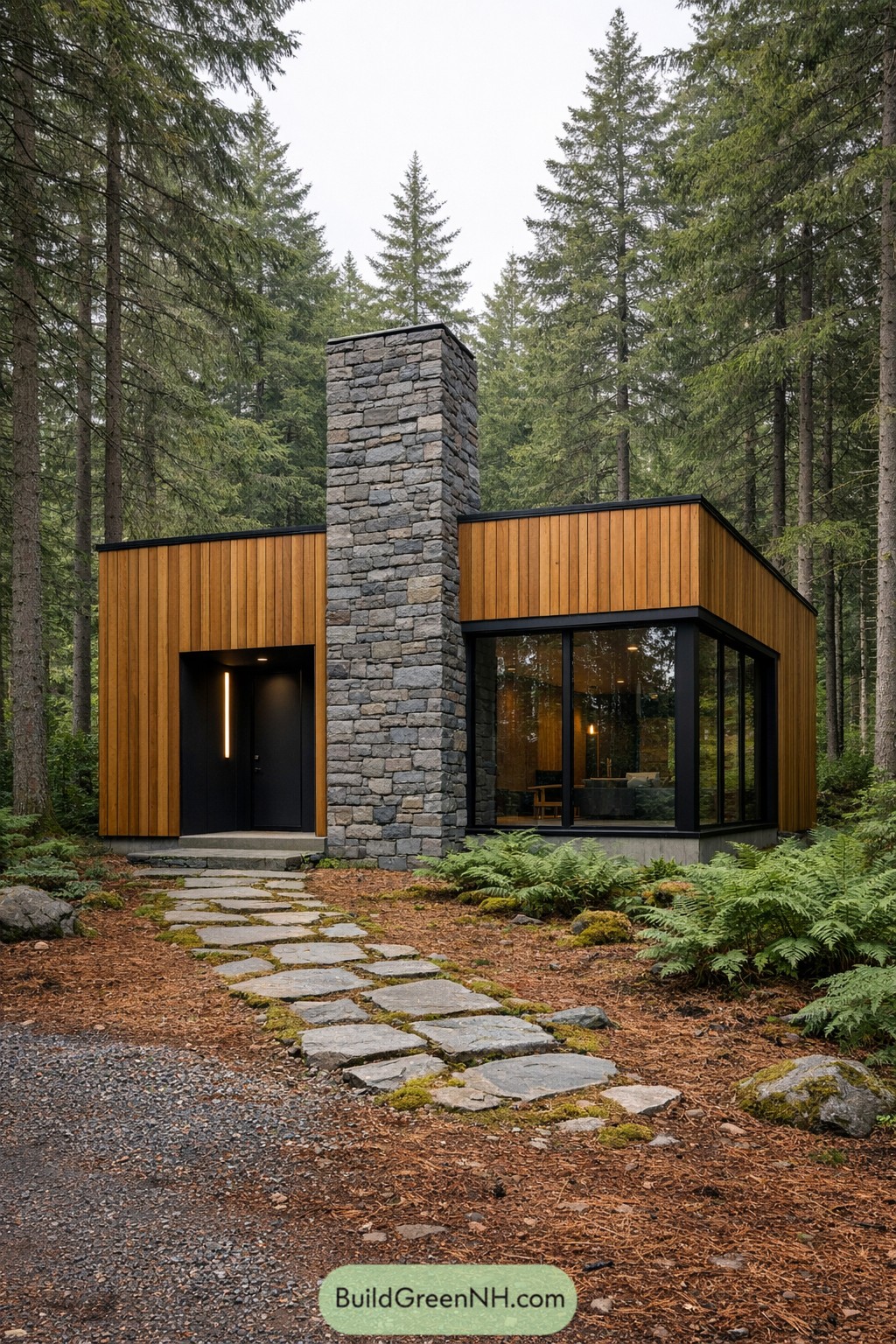 Compact wood and stone cabin with tall chimney and large corner windows in a dense forest