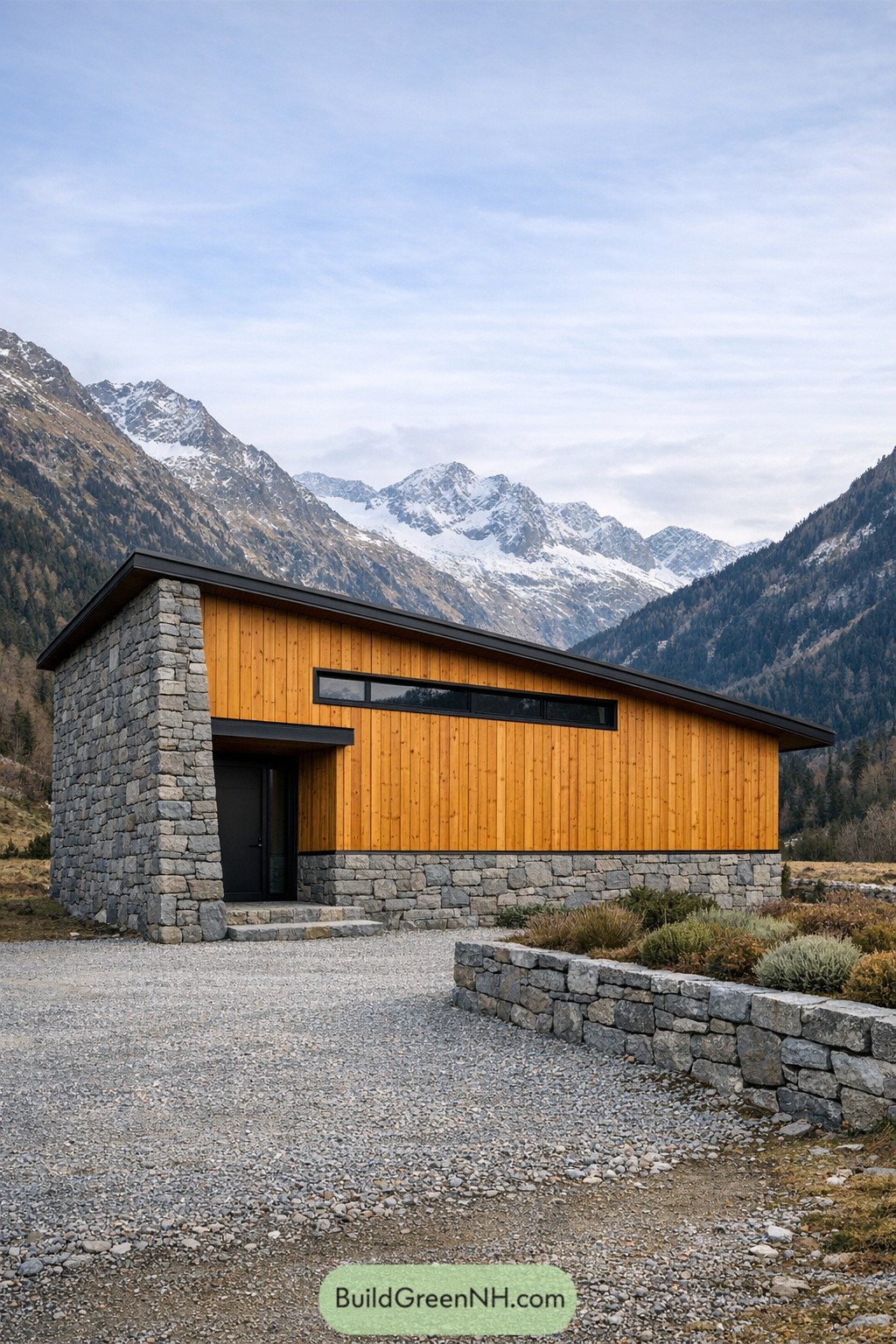 Modern wood and stone cabin set in snowy mountain valley