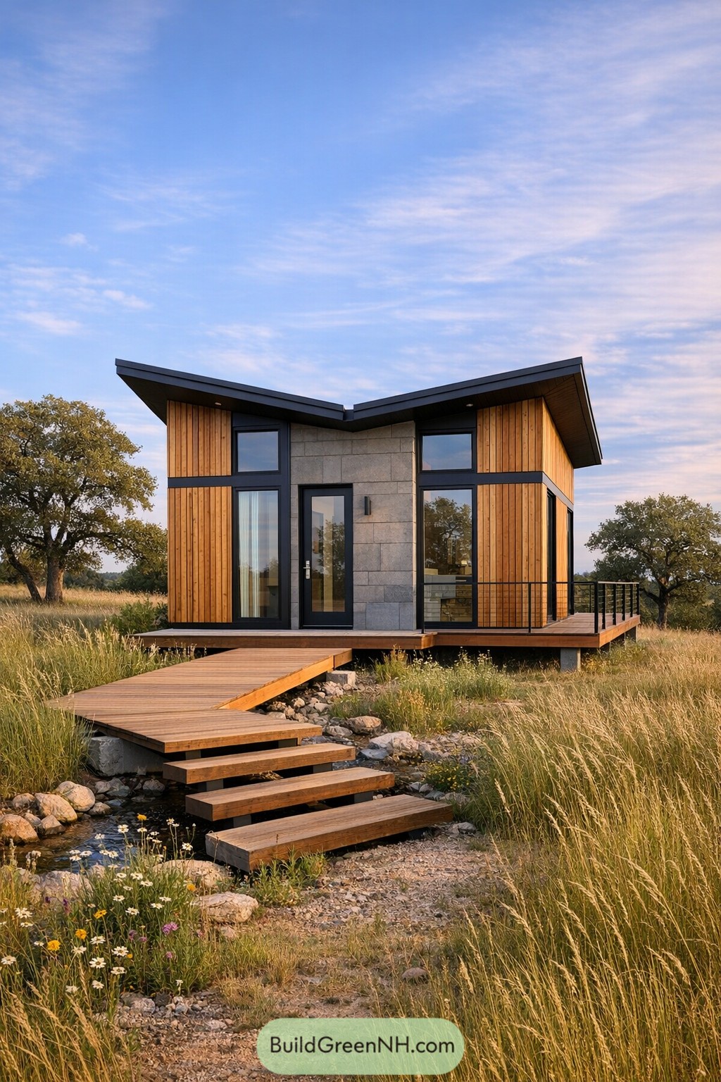 Modern small house with butterfly roof wood and stone exterior and raised boardwalk over a creek